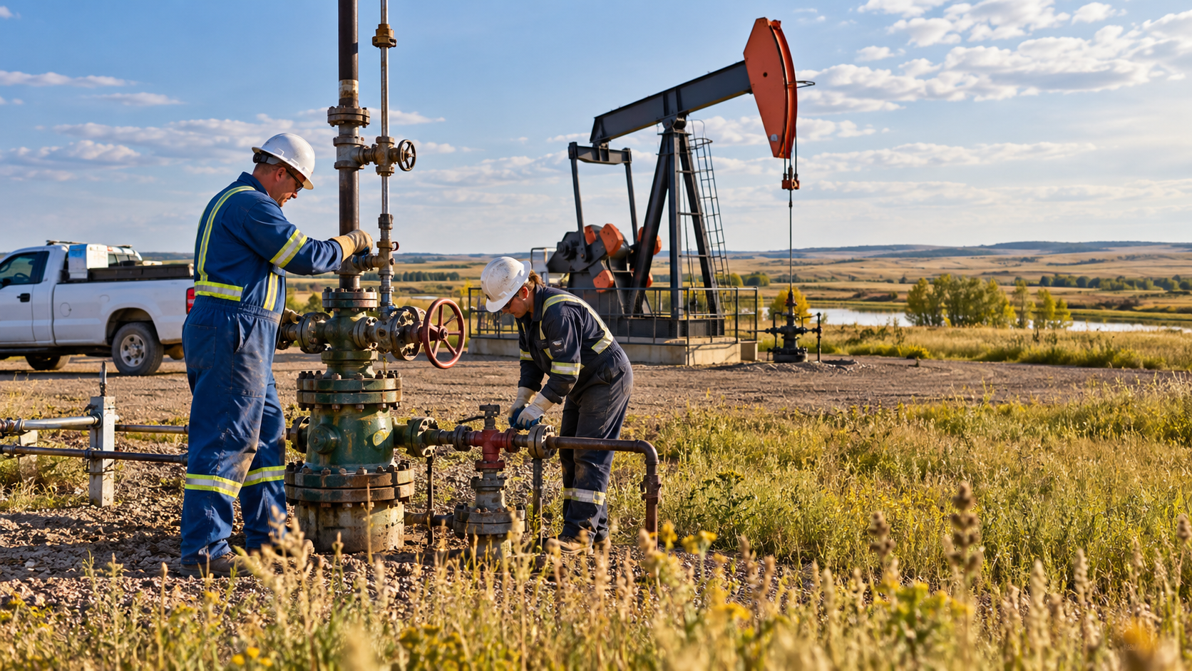 Field personnel working at a wellhead with industrial equipment and the surrounding landscape