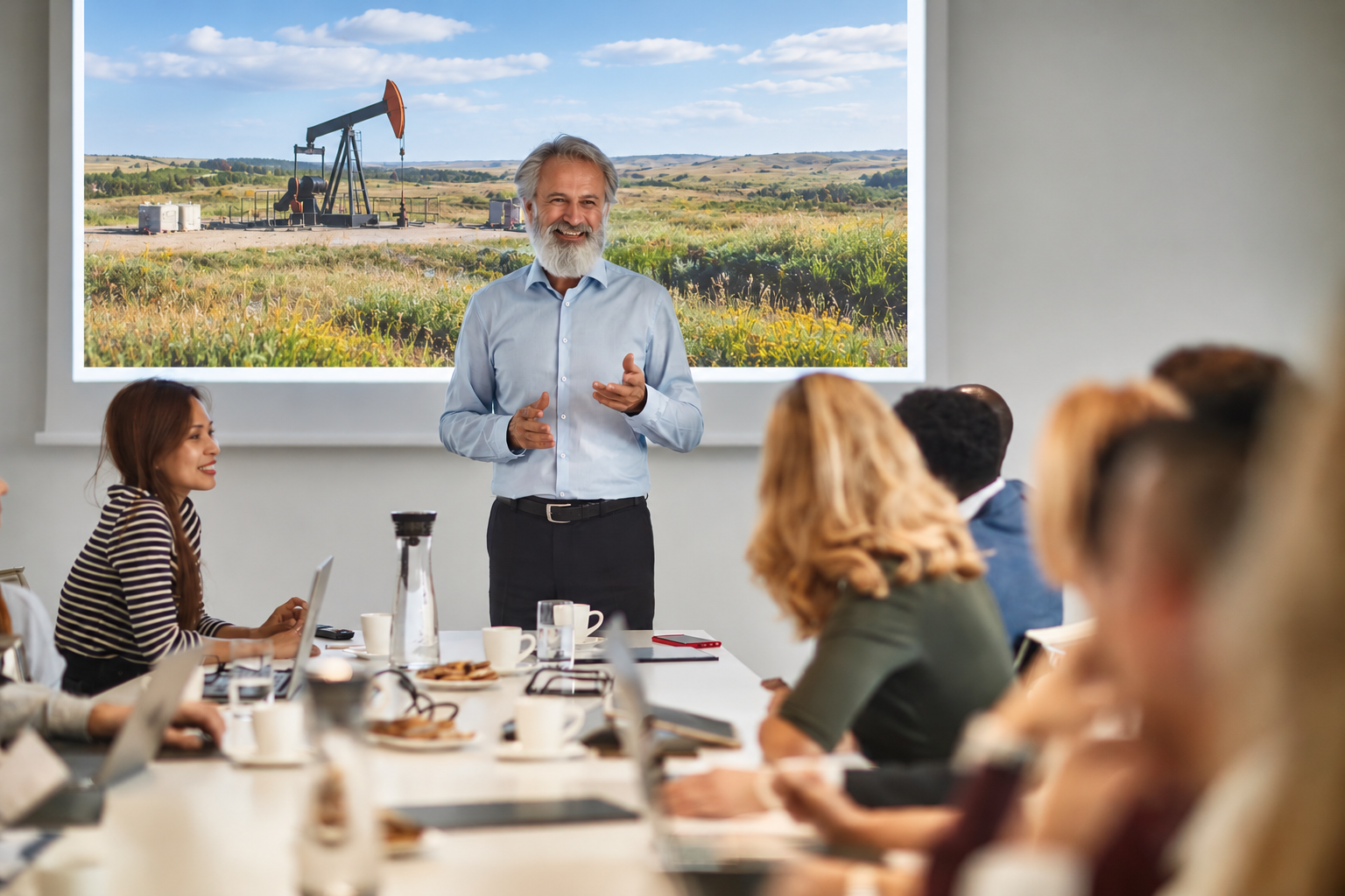 A presenter leading a training session with an oilfield image projected behind him